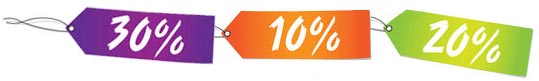 Etiquetas de descuento: 30 %, 10 % y 20 %